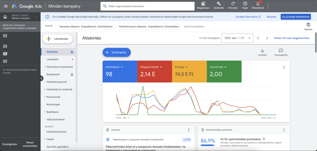 Google Ads kezelőfelület